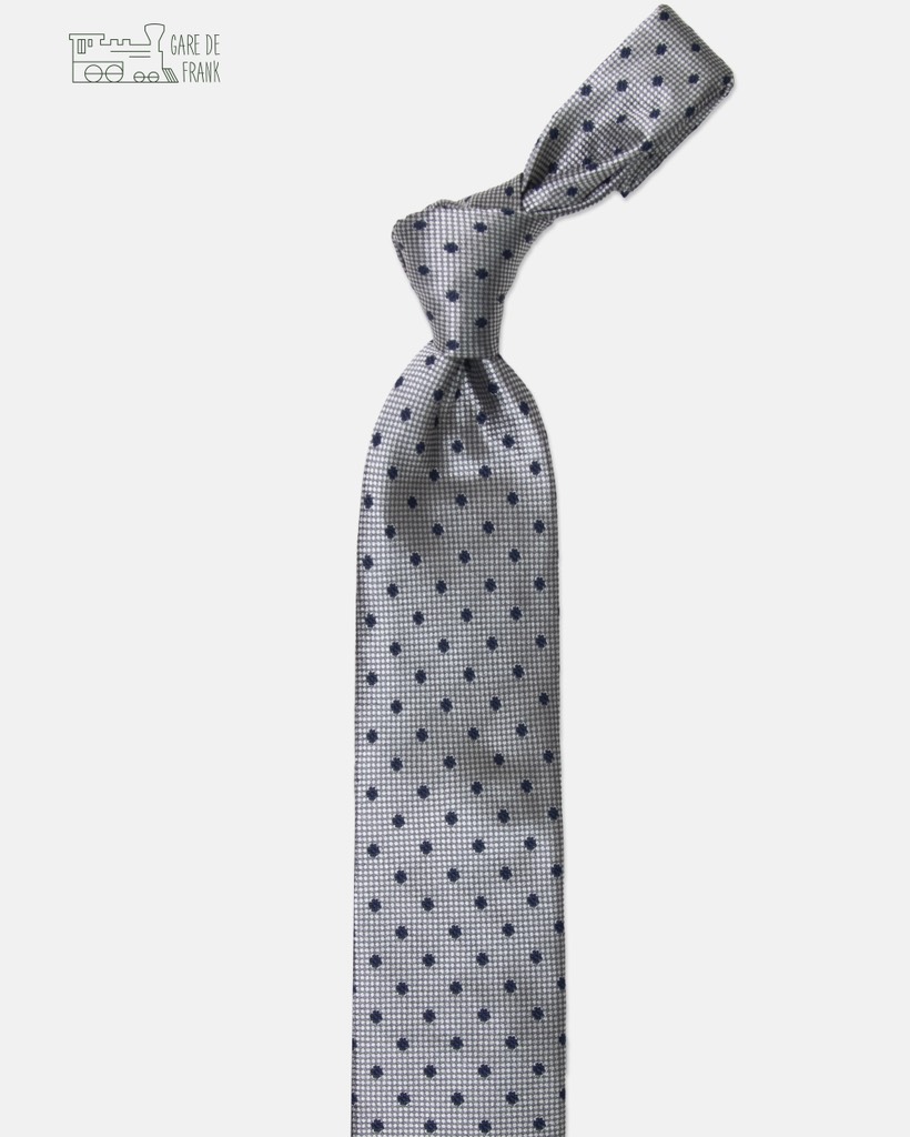 3-Fold Silk Tie In Metalic Grey Navy Polkadot