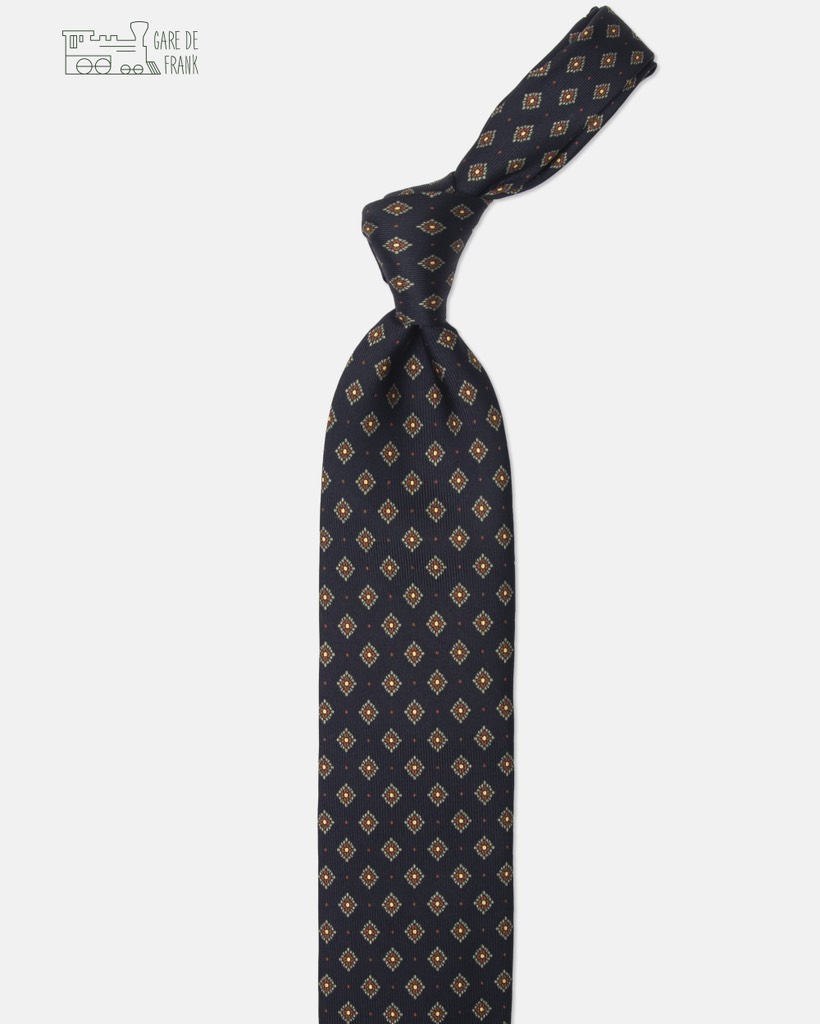 3-Fold Silk Tie In Navy/Rust Dimond Print