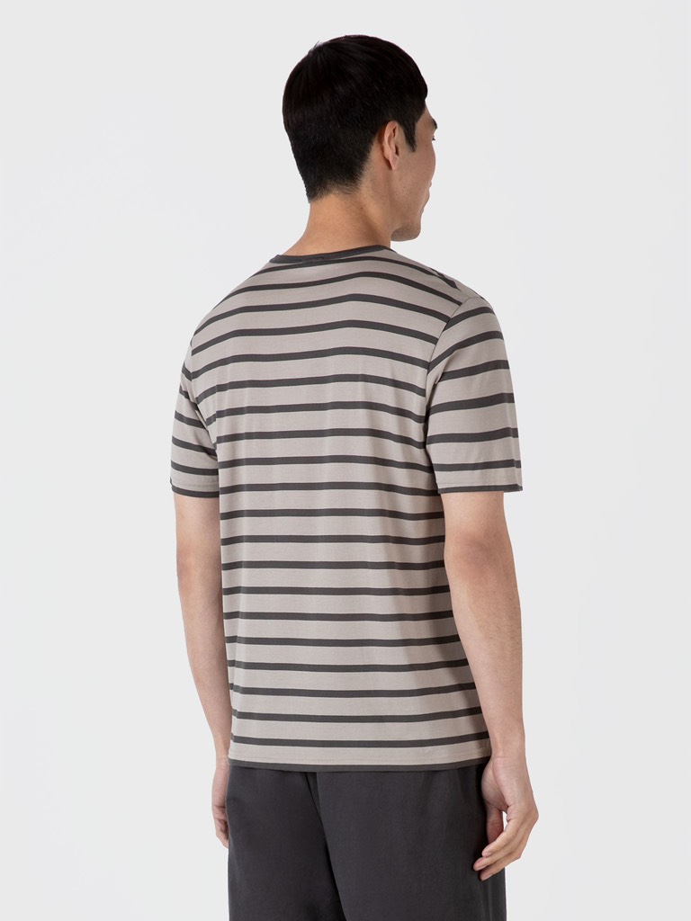 SS Crew Neck T Shirt in Ash Grey/Charcoal Breton Stripe