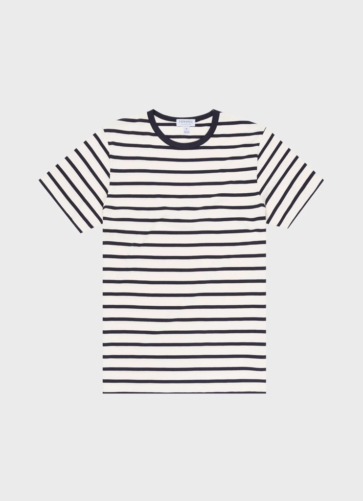 SS Crew Neck T Shirt in Ecru/Navy Breton