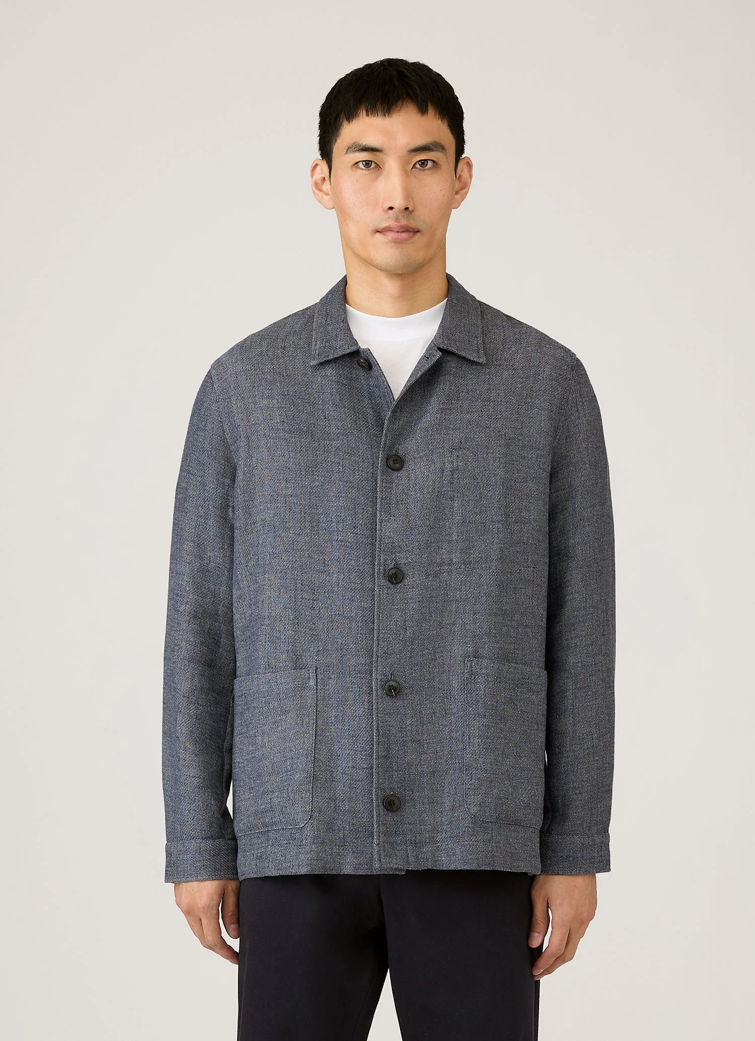 Denim Blue Cotton Linen Twill Twin Pocket Jacket