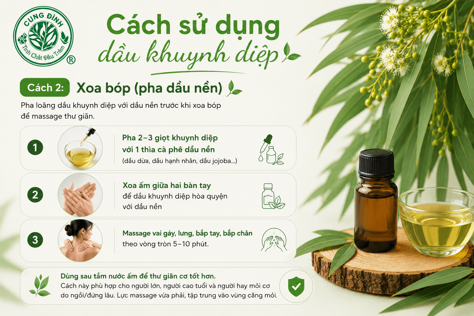 Pha dầu nền cùng dầu khuynh diệp xoa bóp