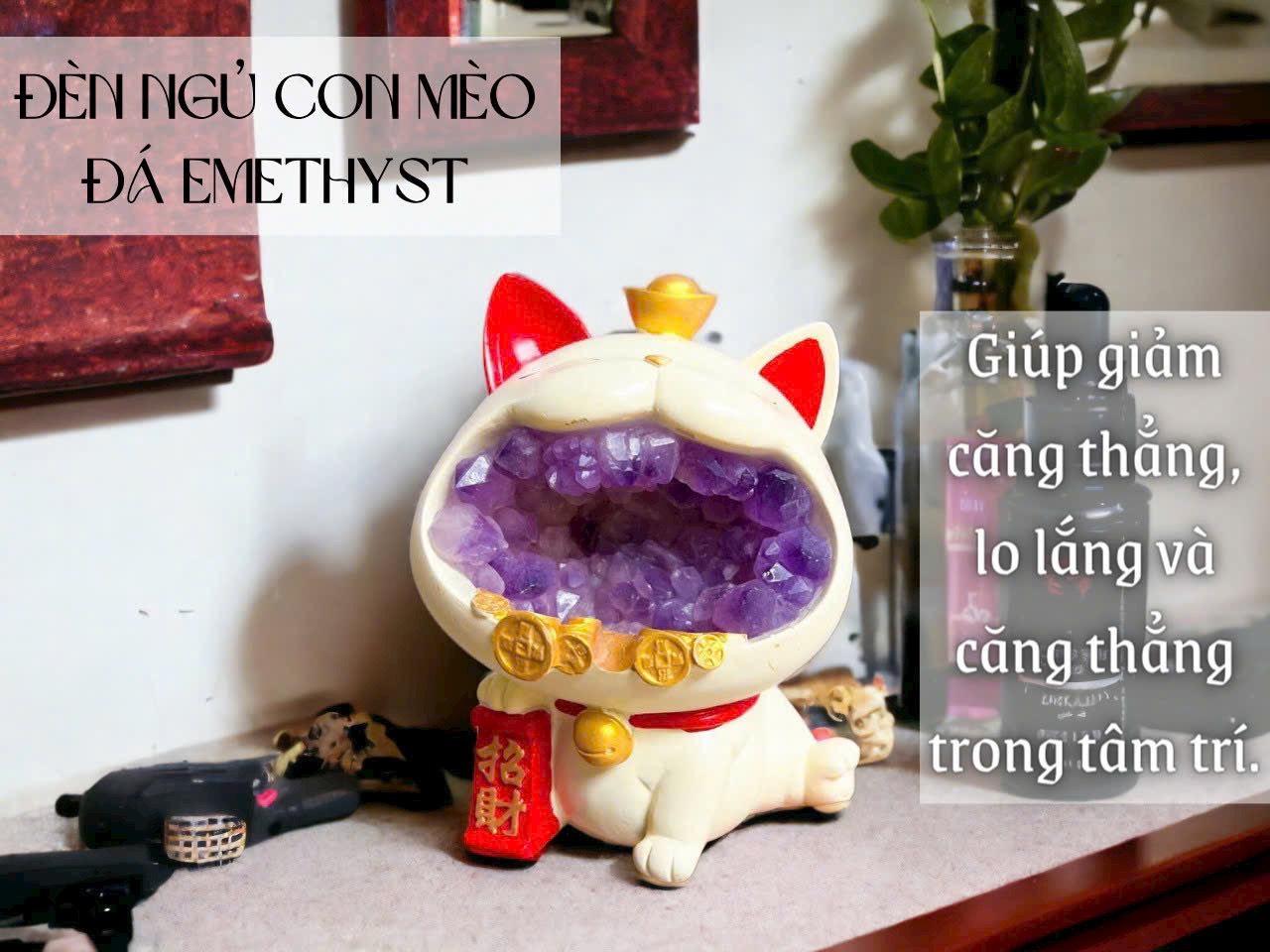 Đèn ngủ Mèo Con - ĐÁ thạch anh Tím