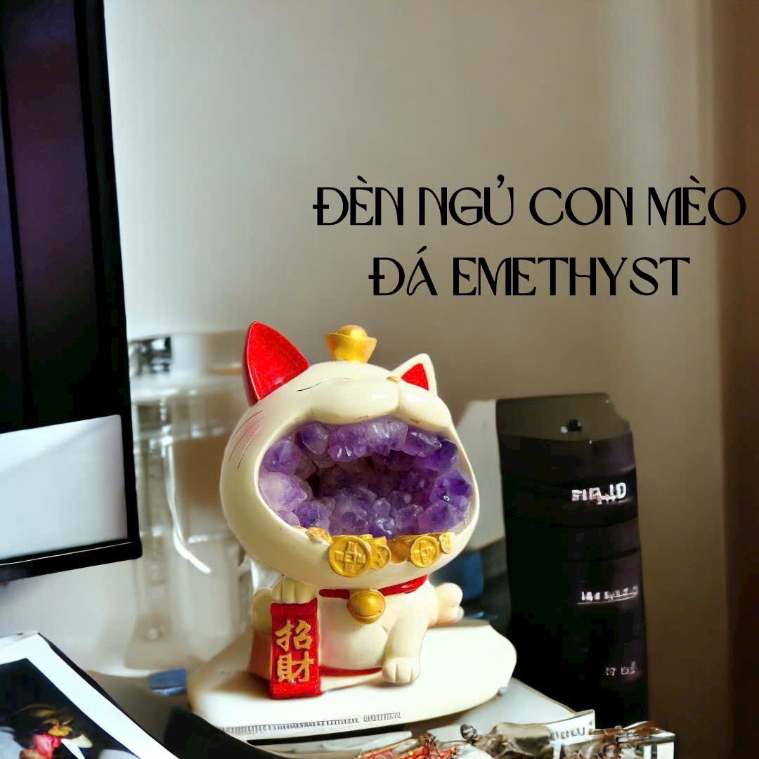 Đèn ngủ Mèo Con - ĐÁ thạch anh Tím