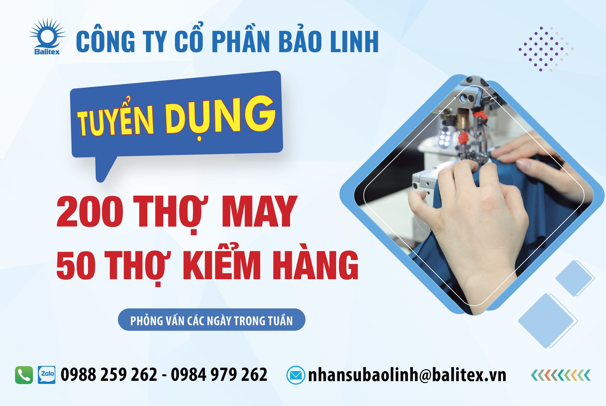 [TUYỂN DỤNG THÁNG 7] Balitex tuyển công nhân may và KCS