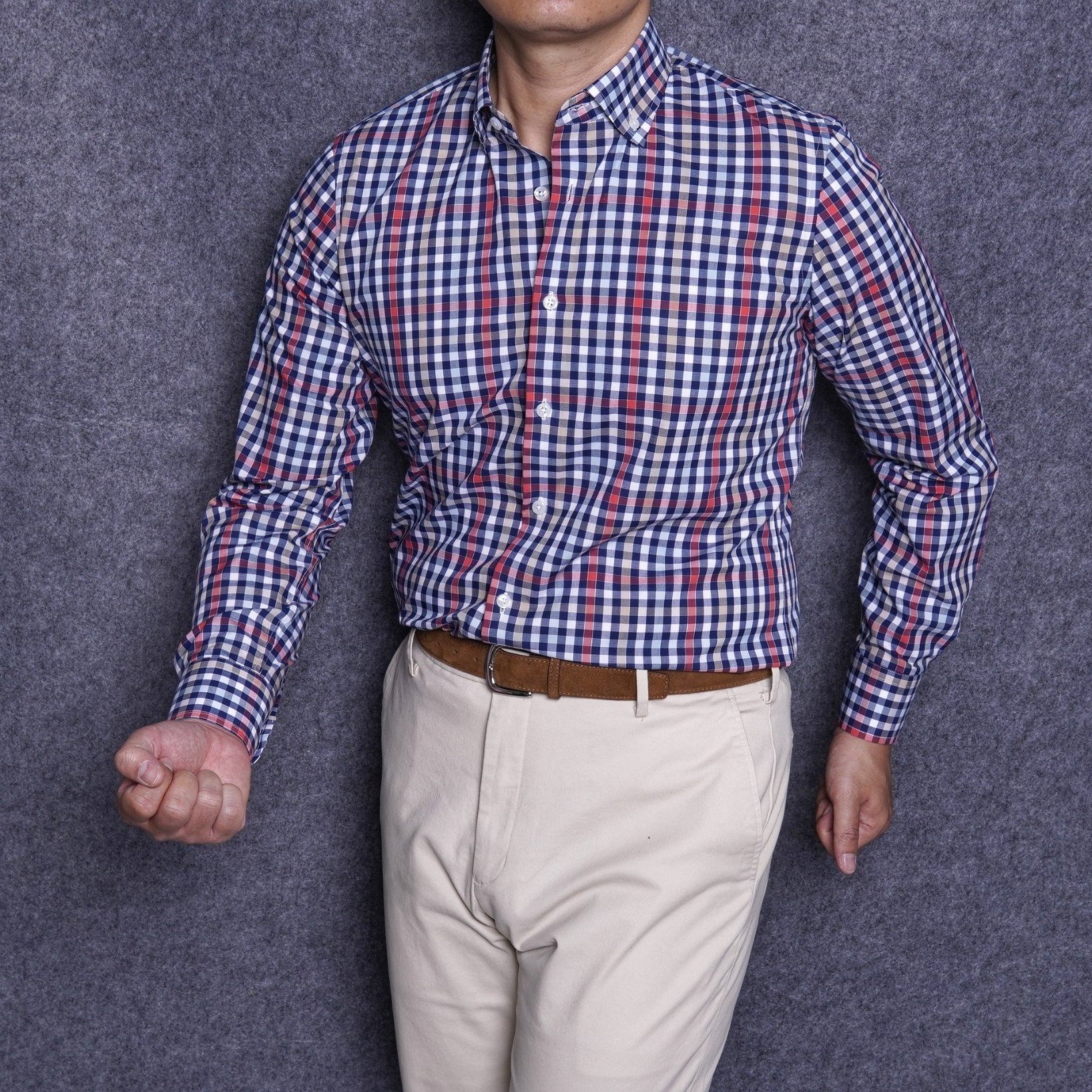 White Navy Red Checked Button Down Cotton Shirt