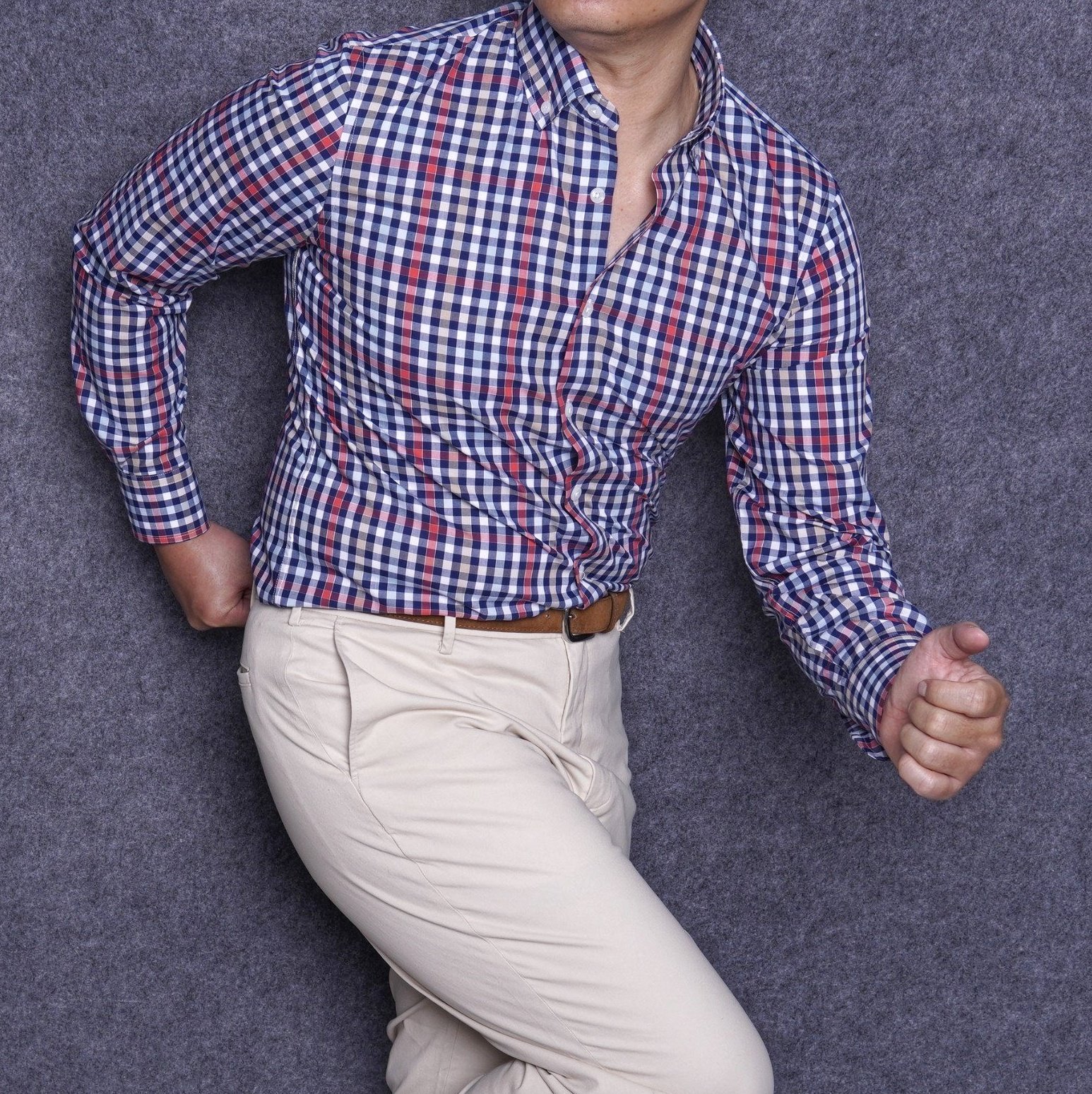 White Navy Red Checked Button Down Cotton Shirt