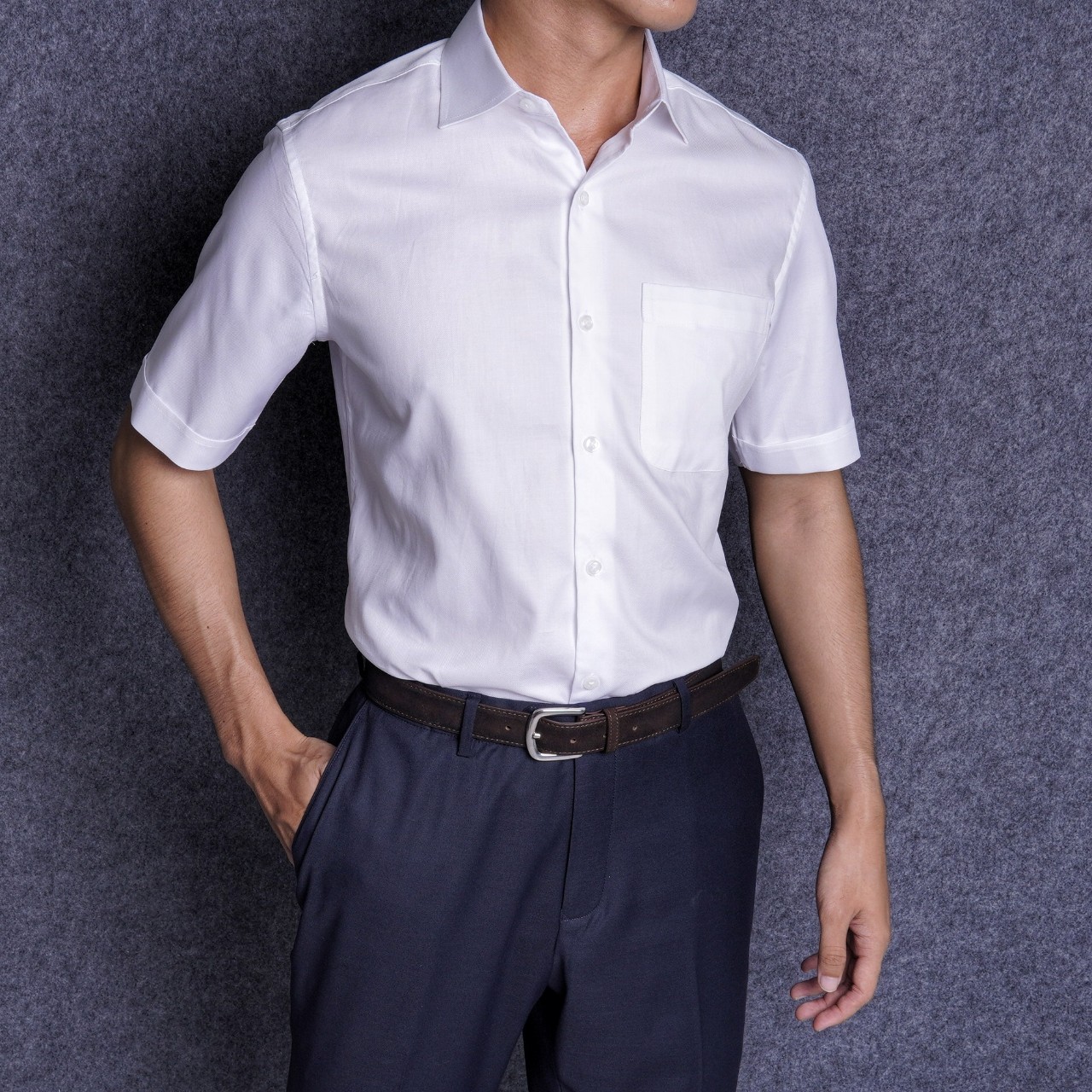 Dobby White Cotton Short Sleeve Shirt