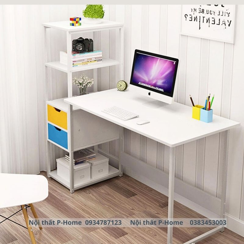 Bàn làm việc và giá sách khung sắt mặt gỗ PHH-15