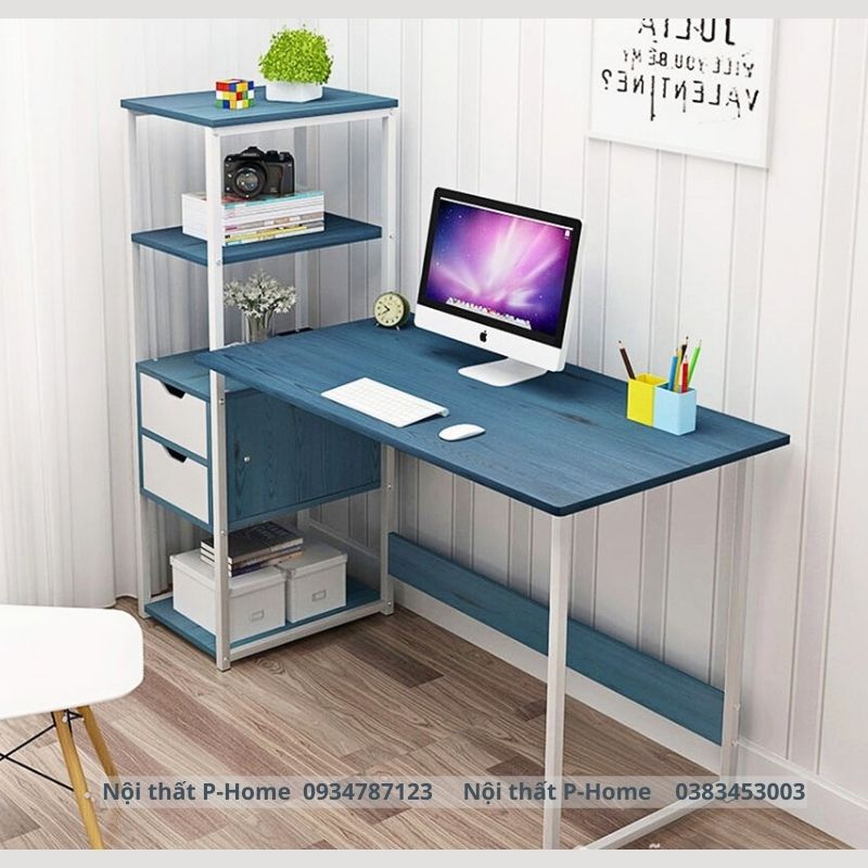 Bàn làm việc và giá sách khung sắt mặt gỗ PHH-15