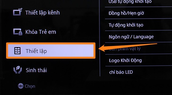 Chọn tiếp mục thiết lập