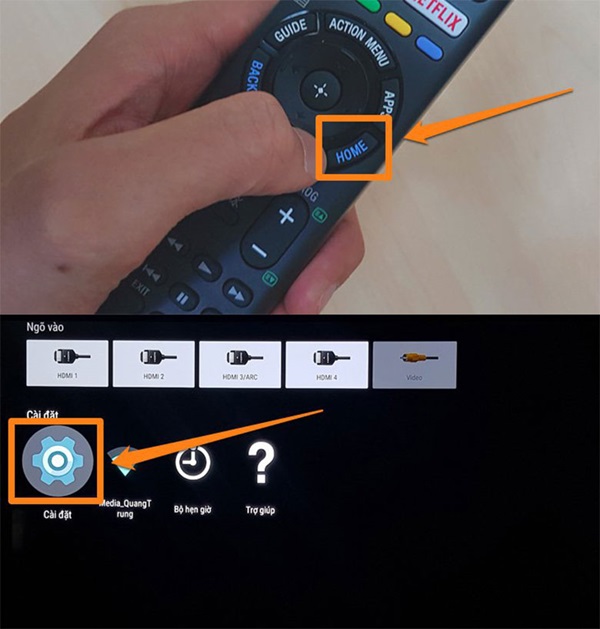 Nhấn nút HOME trên remote Tivi Sony để về giao diện chính