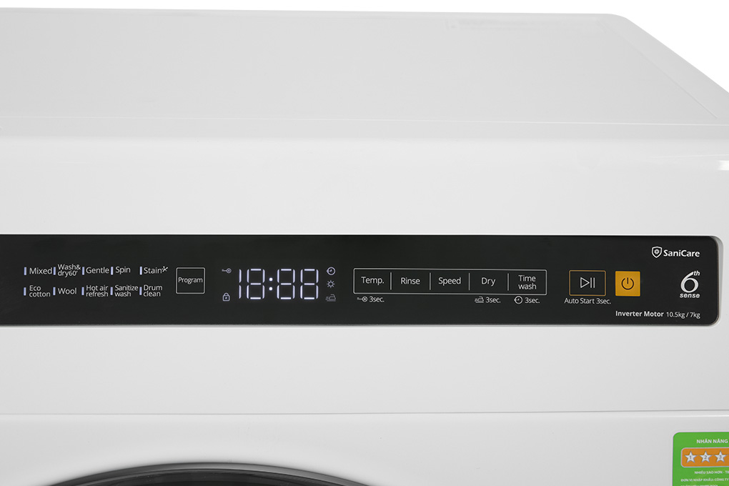 Máy giặt sấy Whirlpool SaniCare Inverter giặt 10.5 kg - sấy 7 kg WWEB10702FW