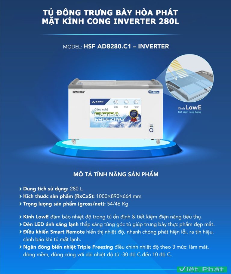 Tủ đông trưng bày Hòa Phát HSF AD8280.C1 mặt kính inverter 280L