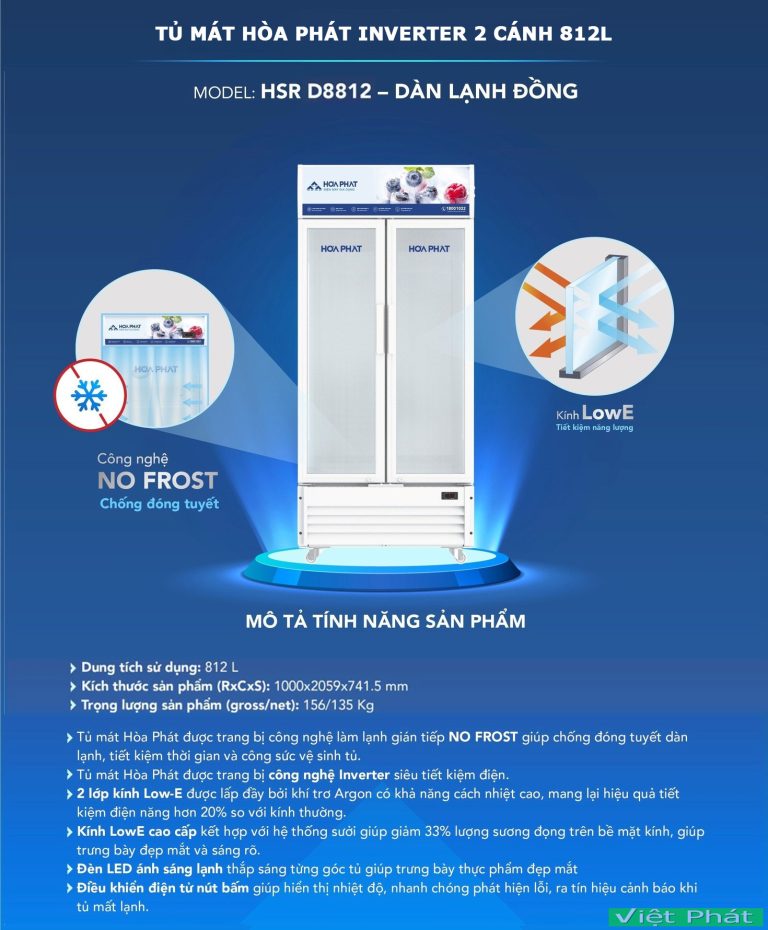 Tủ mát Hòa Phát HSR D8812 Inverter 2 cánh 812L
