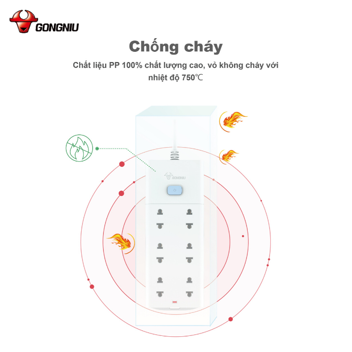 Ổ cắm điện Gongniu 6 lỗ 1 công tắc màu đen dây dài 3m GNVN-V1060-30