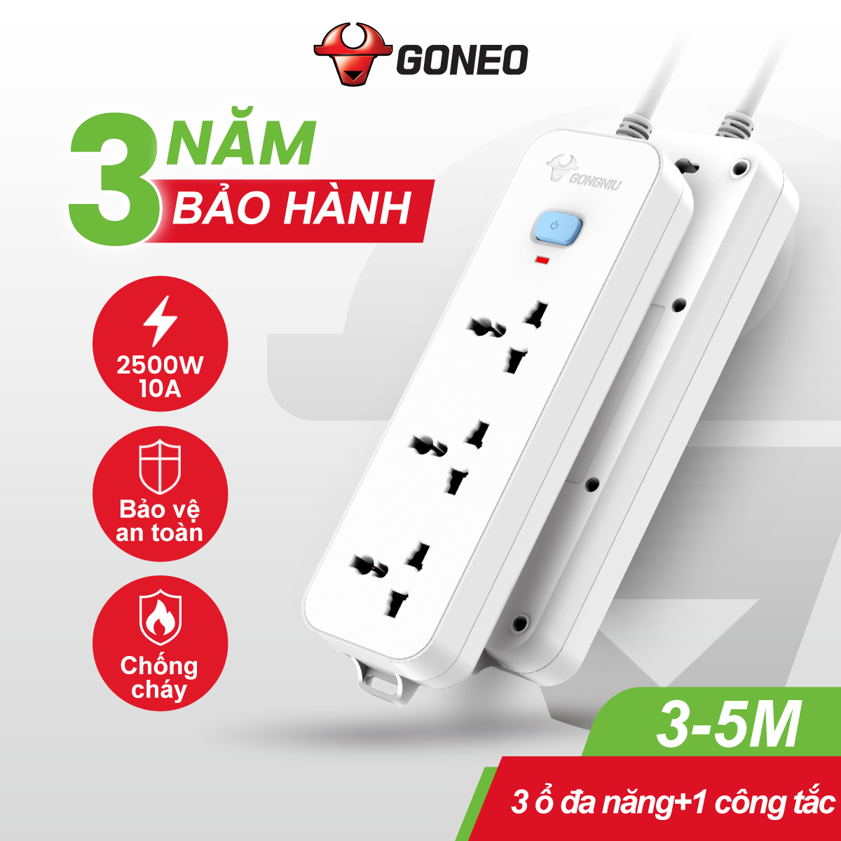 Ổ cắm điện đa năng Gongniu 3 lỗ 2 chấu 1 công tắc có nắp che an toàn dây dài 3m GNVN-N1030-30(P)