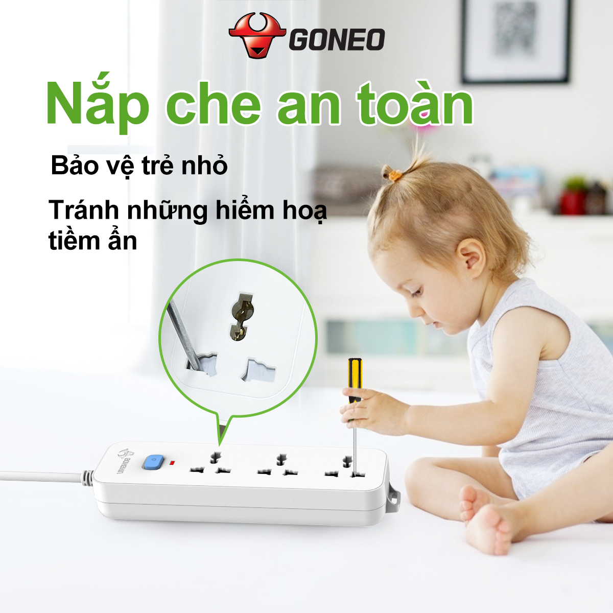 Ổ cắm điện đa năng Gongniu 3 lỗ 2 chấu 1 công tắc có nắp che an toàn dây dài 3m GNVN-N1030-30(P)