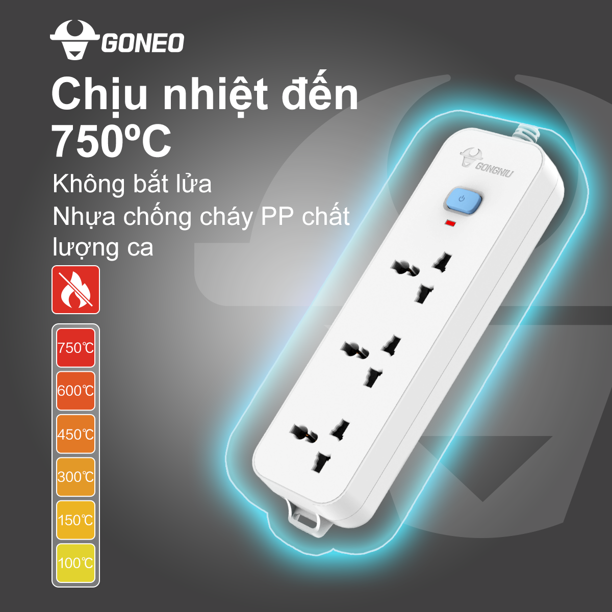 Ổ cắm điện đa năng Gongniu 3 lỗ 2 chấu 1 công tắc có nắp che an toàn dây dài 3m GNVN-N1030-30(P)