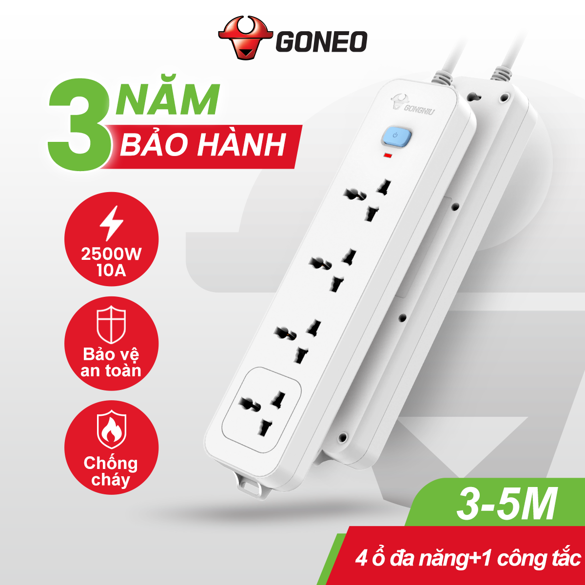 Ổ cắm điện đa năng Gongniu 4 lỗ 2 chấu 1 công tắc có nắp che an toàn dây dài 3m GNVN-N1040-30(P)