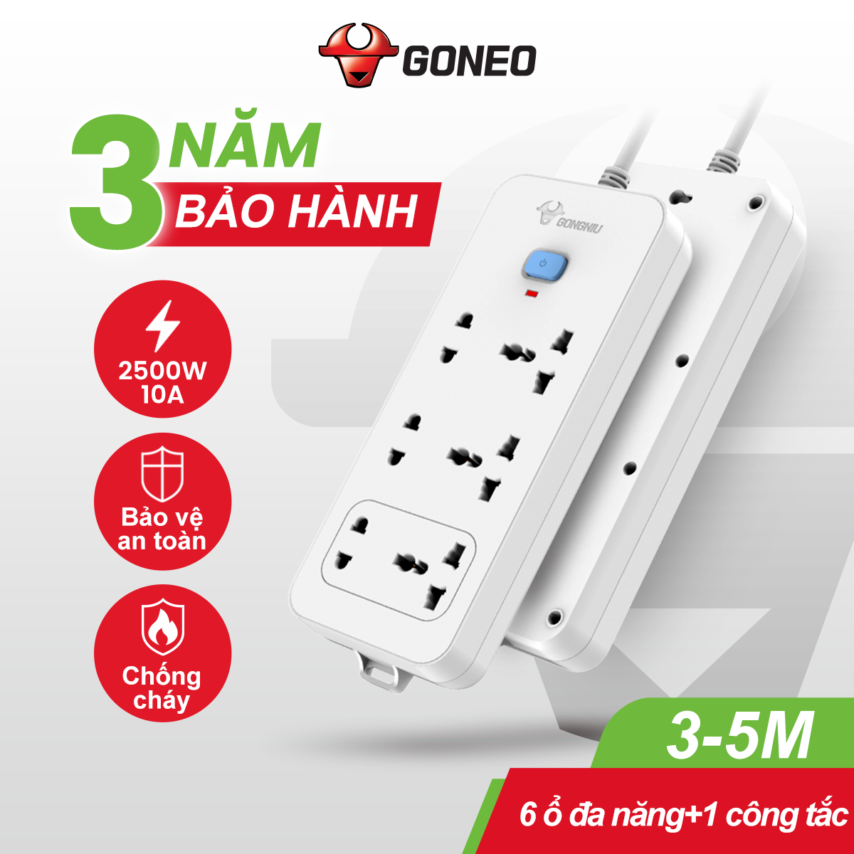 Ổ cắm điện đa năng Gongniu 6 lỗ 2 chấu 1 công tắc có nắp che an toàn dây dài 5m GNVN-N1330-50(P)