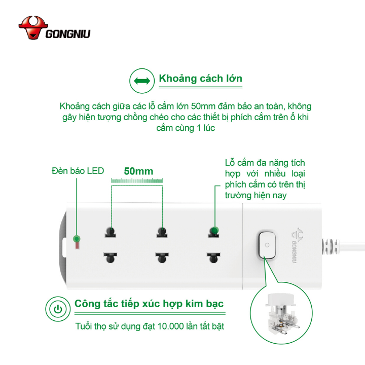 Ổ cắm điện Gongniu 3 lỗ 1 công tắc màu đen dây dài 5m GNVN-V1030-50