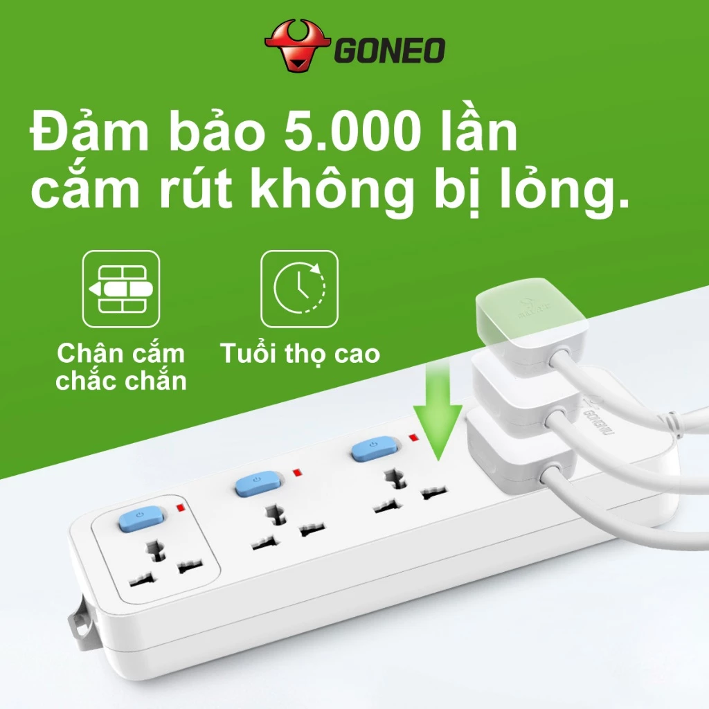 Ổ cắm điện đa năng Gongniu 4 lỗ 2 chấu 4 công tắc dây dài 3m GNVN-N3040-30