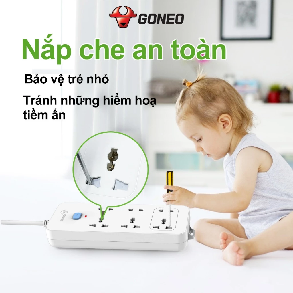 Ổ cắm điện đa năng Gongniu 6 lỗ 2 chấu 1 công tắc có nắp che an toàn dây dài 5m GNVN-N1330-50(P)