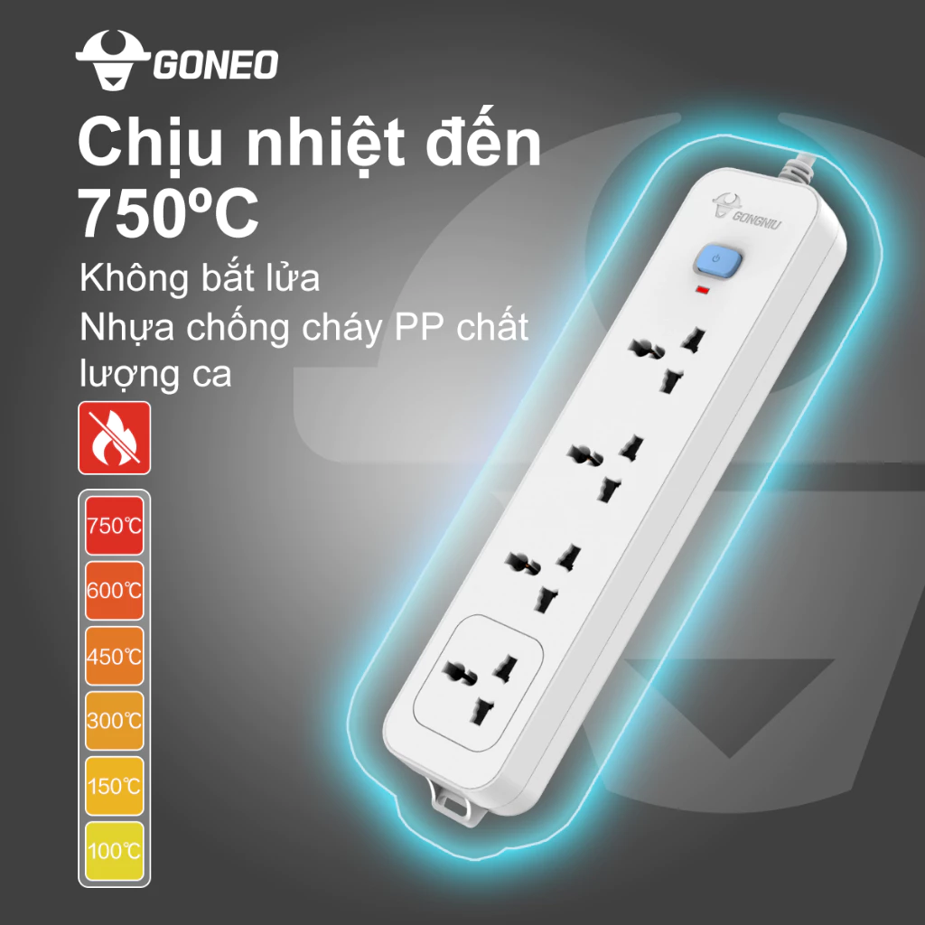 Ổ cắm điện đa năng Gongniu 4 lỗ 2 chấu 1 công tắc có nắp che an toàn dây dài 3m GNVN-N1040-30(P)