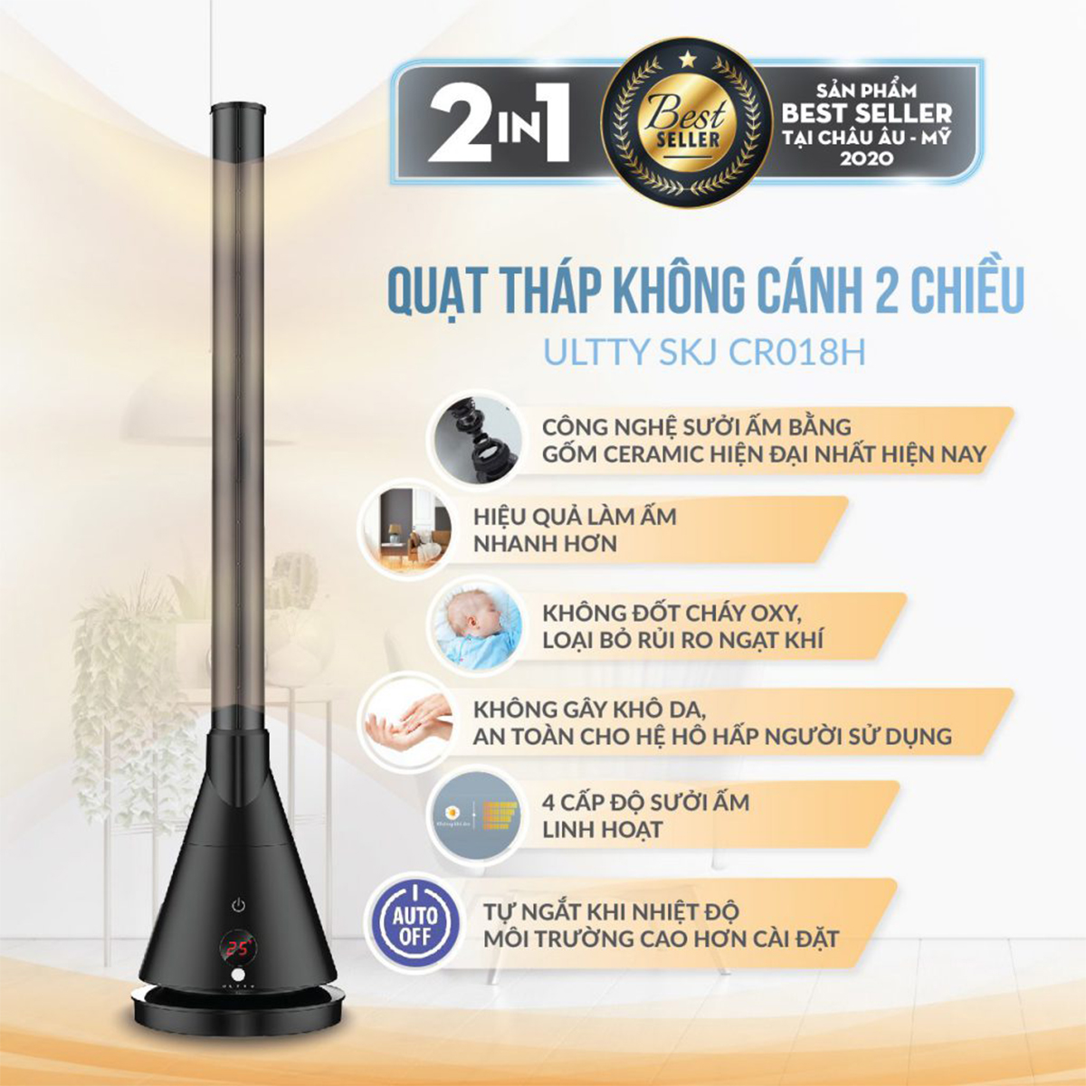 Quạt tháp 2 chiều sưởi ấm và làm mát U ULTTY CR018H cao cấp