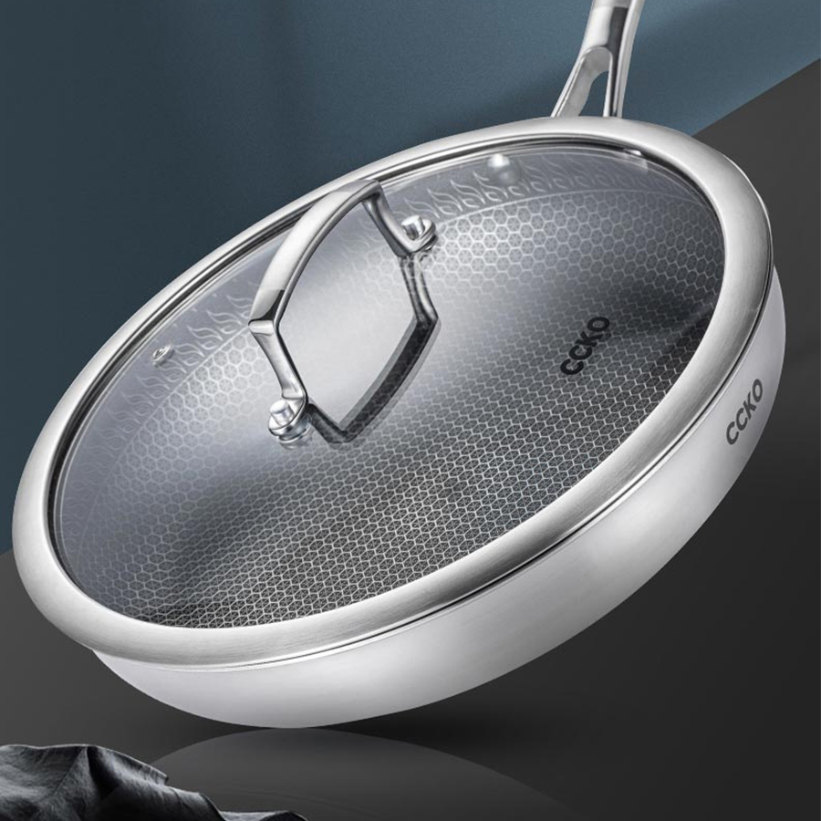 Chảo inox đúc nguyên khối chống dính 3 lớp có nắp đậy CK9721 cao cấp
