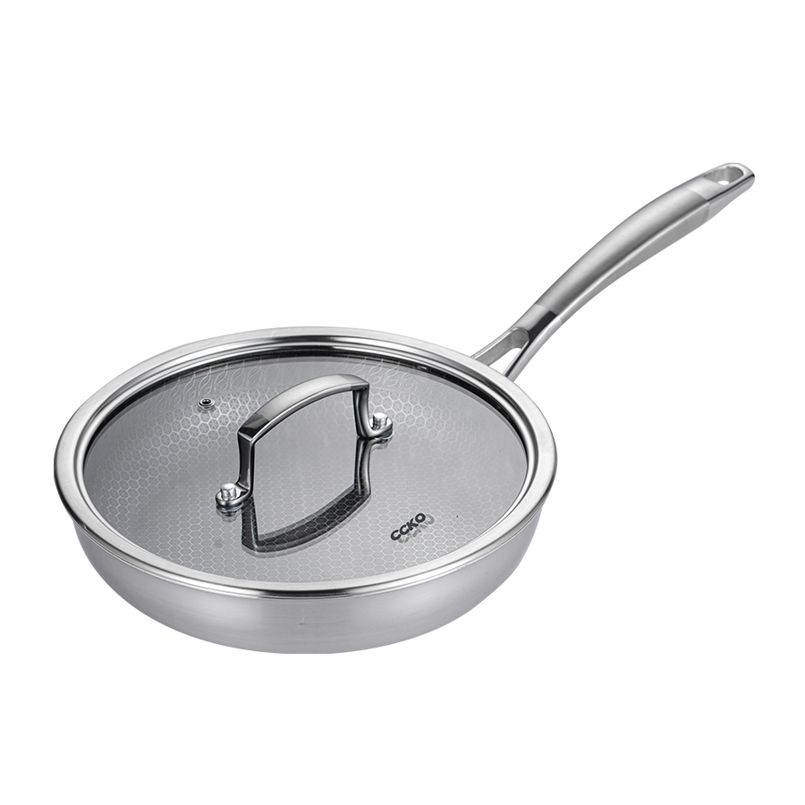 Chảo inox đúc nguyên khối chống dính 3 lớp có nắp đậy CK9721 cao cấp