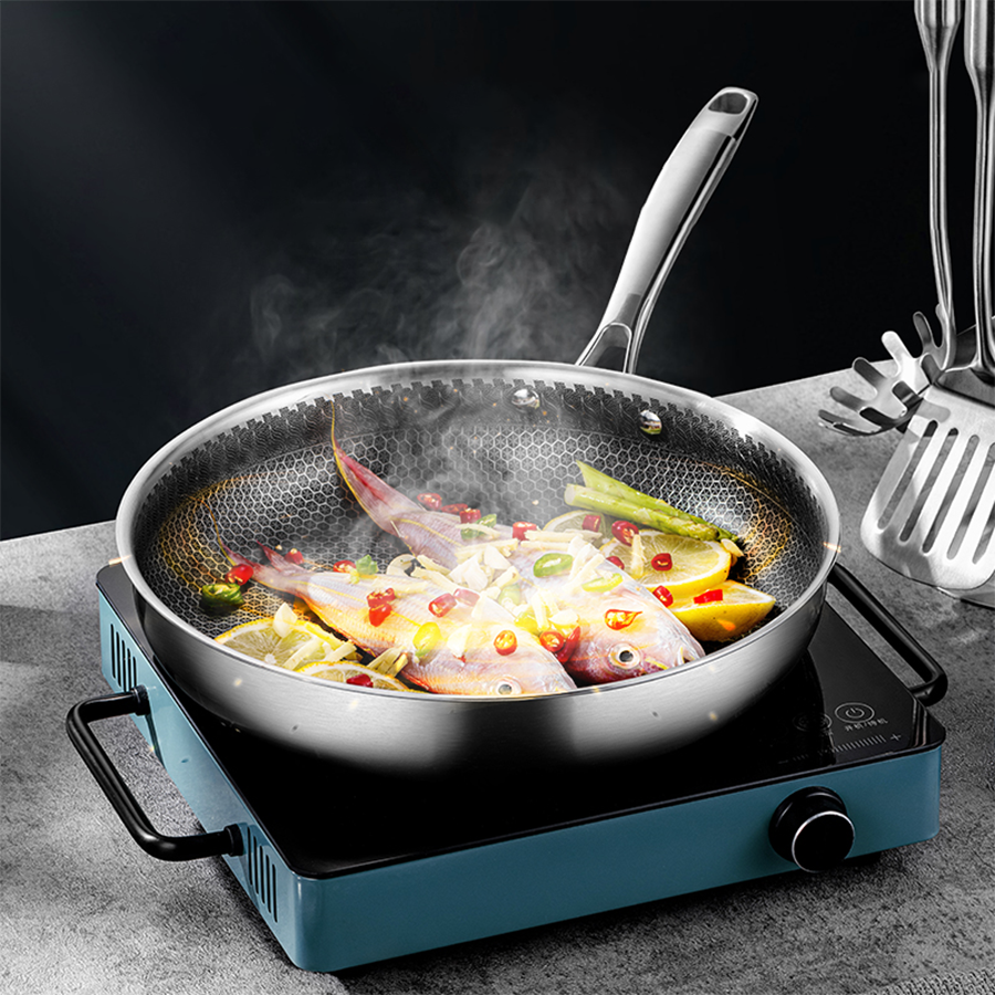 Chảo inox đúc nguyên khối chống dính 3 lớp có nắp đậy CK9721 cao cấp