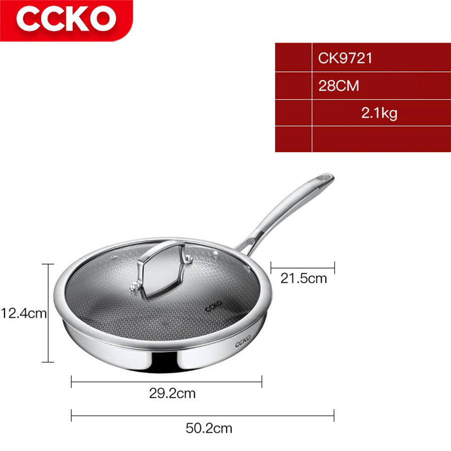 Chảo inox đúc nguyên khối chống dính 3 lớp có nắp đậy CK9721 cao cấp