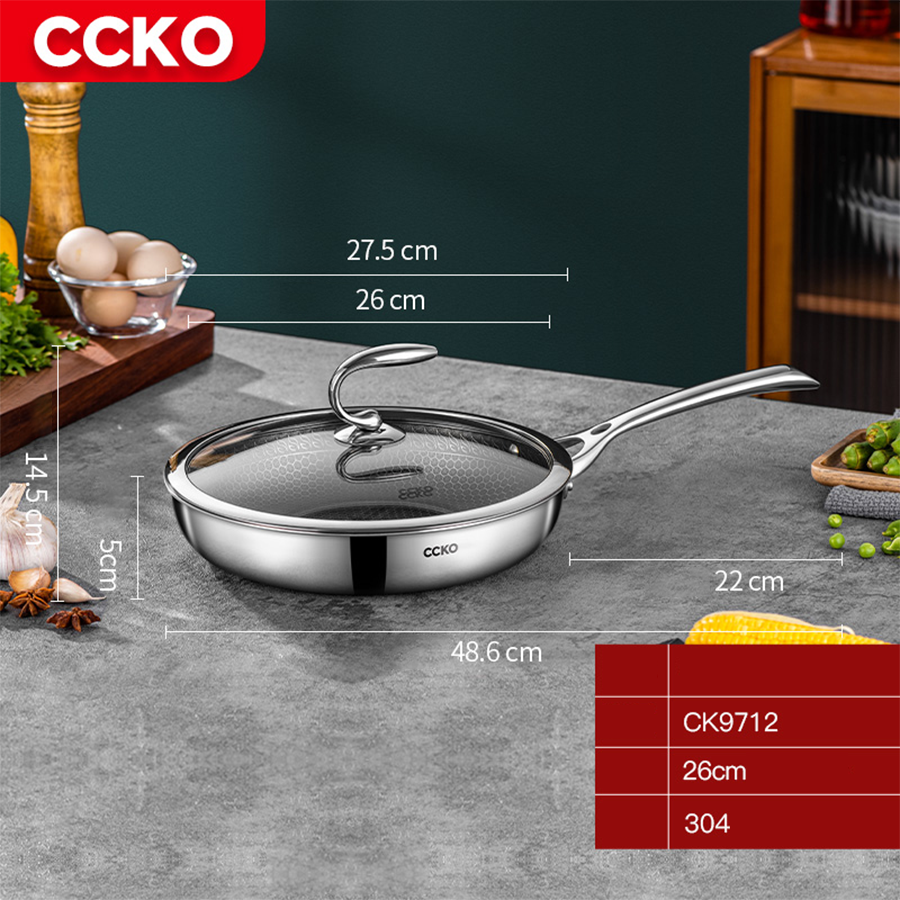 Chảo inox chống dính 3 lớp có nắp đậy CCKO CK9712 cao cấp