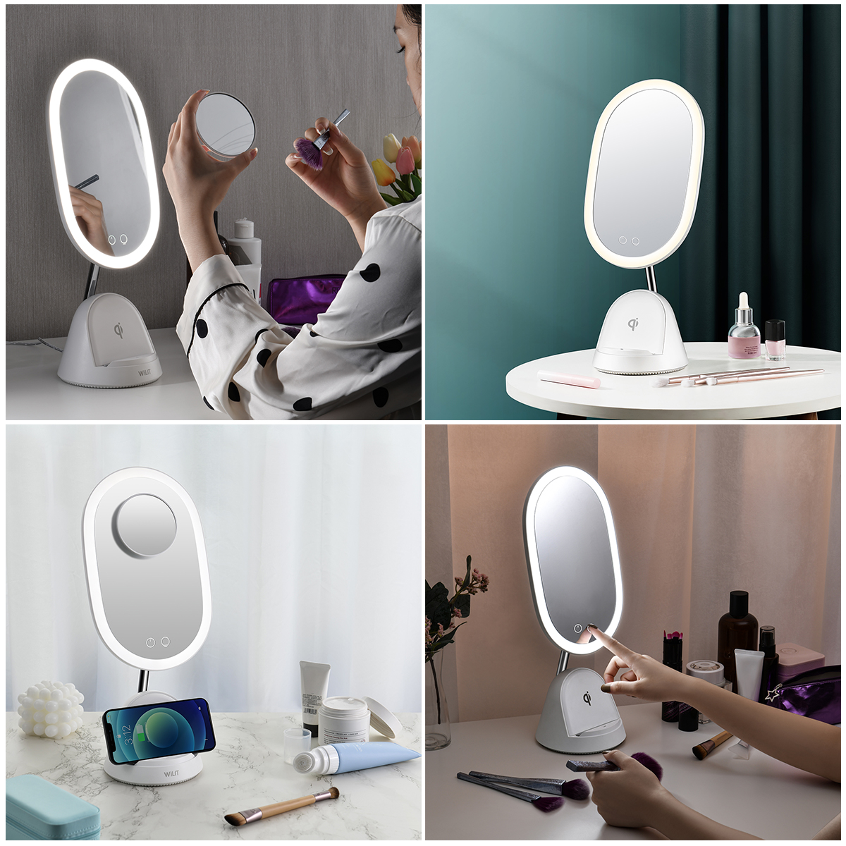 Gương trang điểm cảm ứng tích hợp đèn LED kèm sạc không dây WILIT QU10AM cao cấp