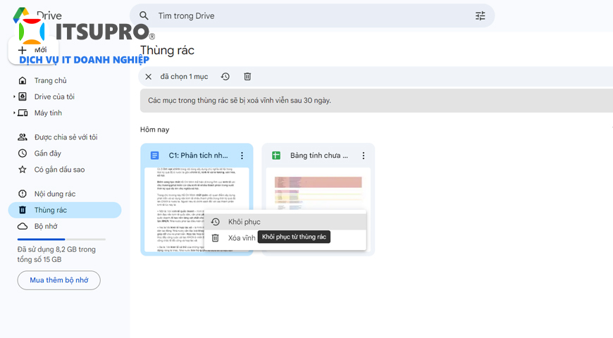 Với tệp, file,... bị xóa trong 30 ngày, bạn có thể khôi phục trong thư mục thùng rác