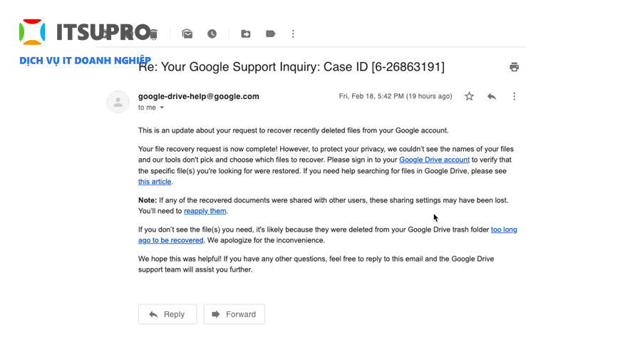 Email hỗ trợ được gửi về cho người dùng từ Google 