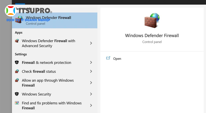 Người dùng có thể truy cập vào thanh Taskbar và gõ từ khóa  "Firewall"