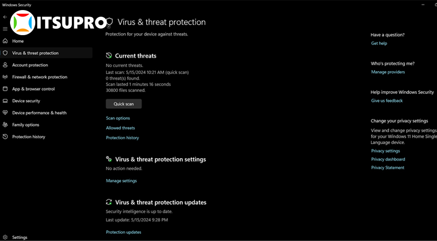 Các tính năng được cung cấp trong giao diện Virus & Threat protection