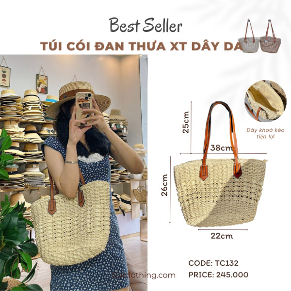 Túi cói đan thưa giữa XT dây da