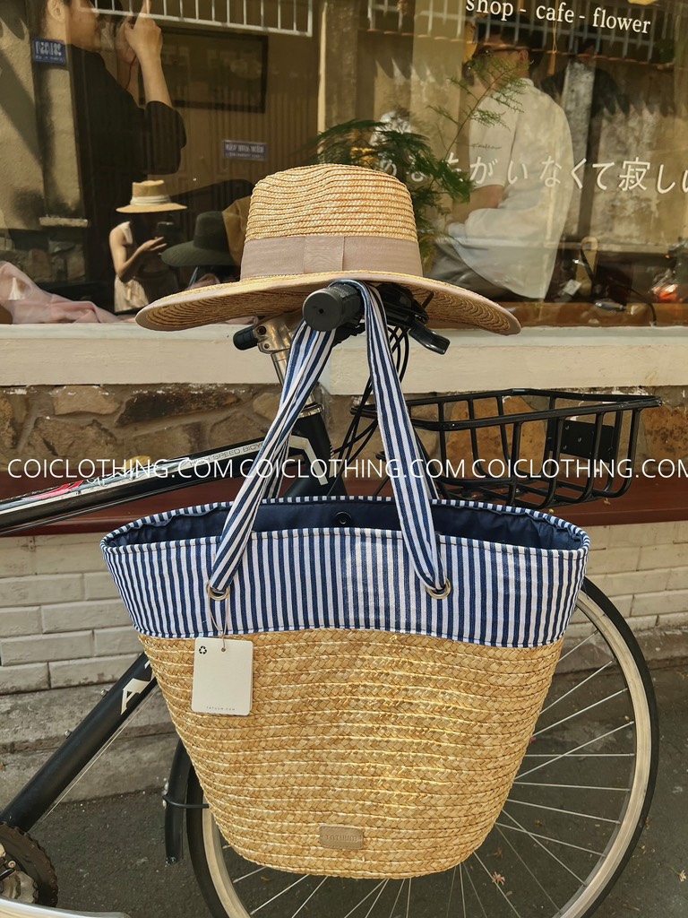 Túi cói lớn sọc xanh