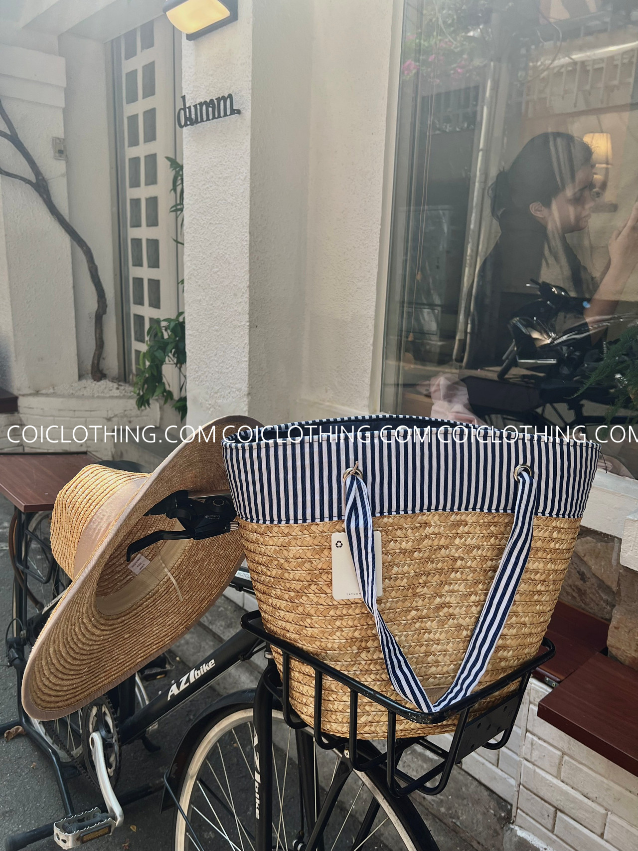 Túi cói lớn sọc xanh