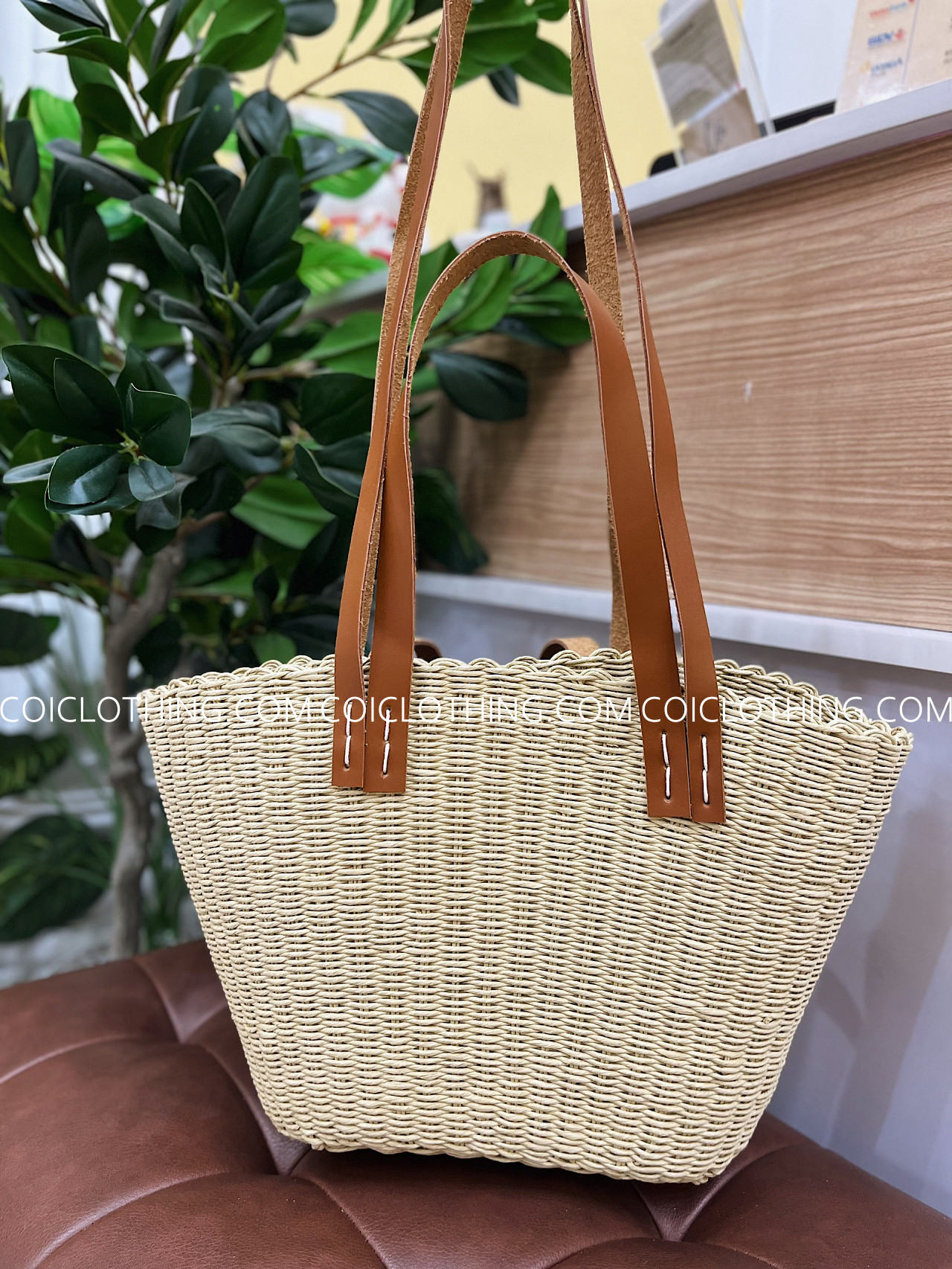Túi cói 2 quai da lộn