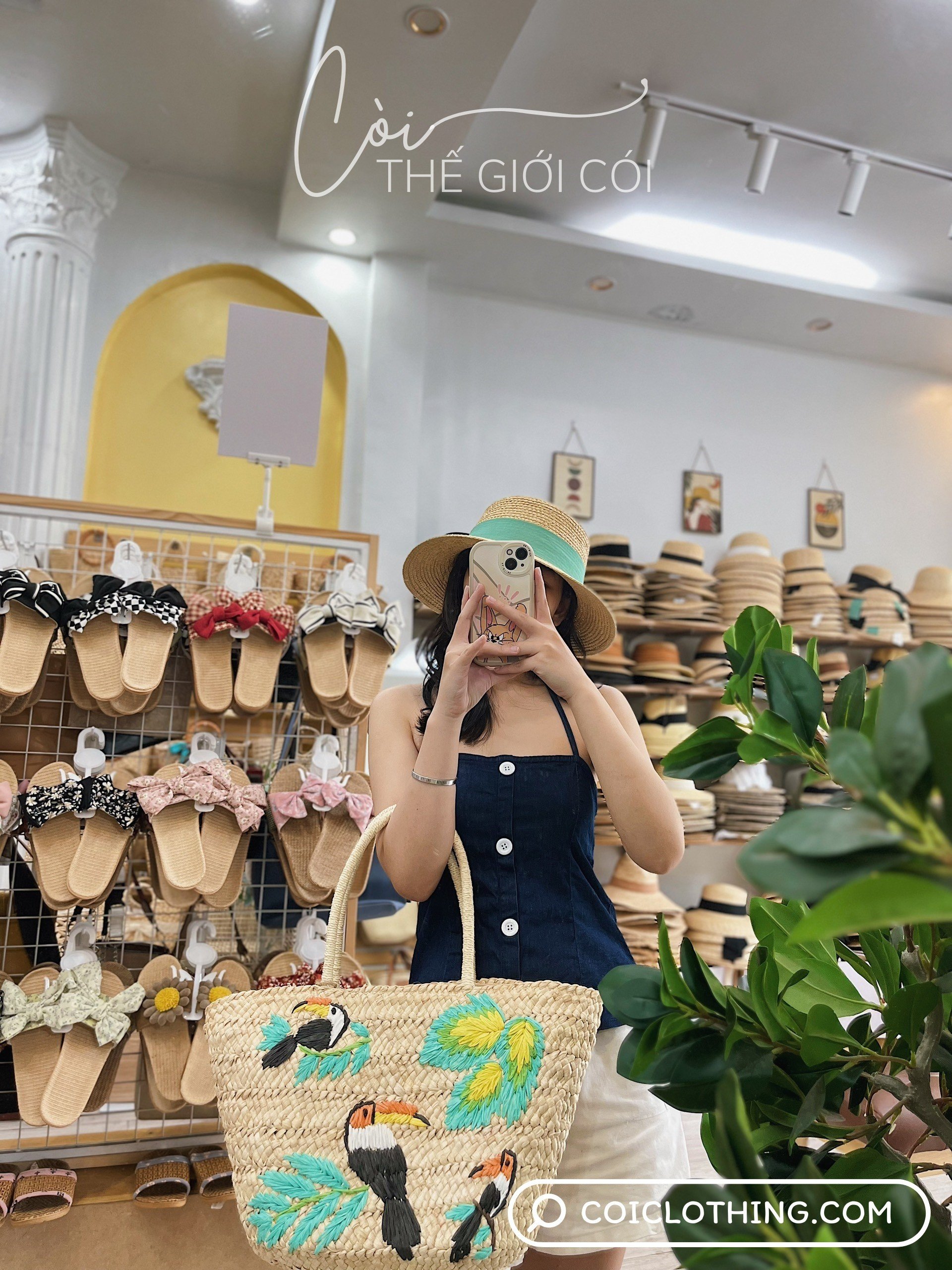 Túi cói họa tiết thêu chim