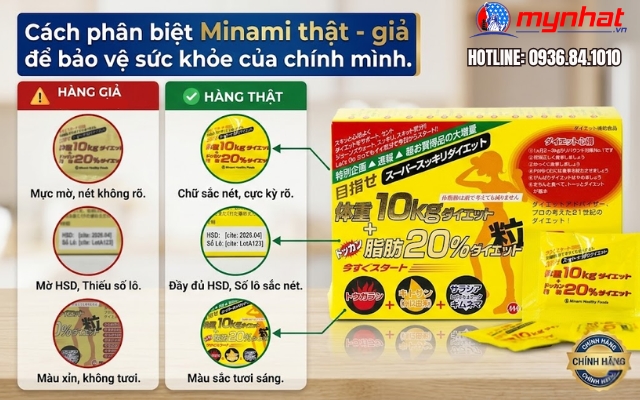 phân biệt viên uống Giảm cân Minami 10kg và 20% mỡ thật và giả