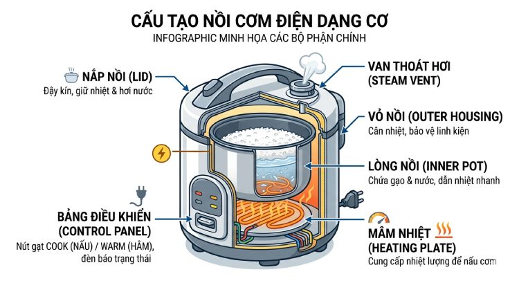 cấu tạo của nồi cơm điện dạng cơ