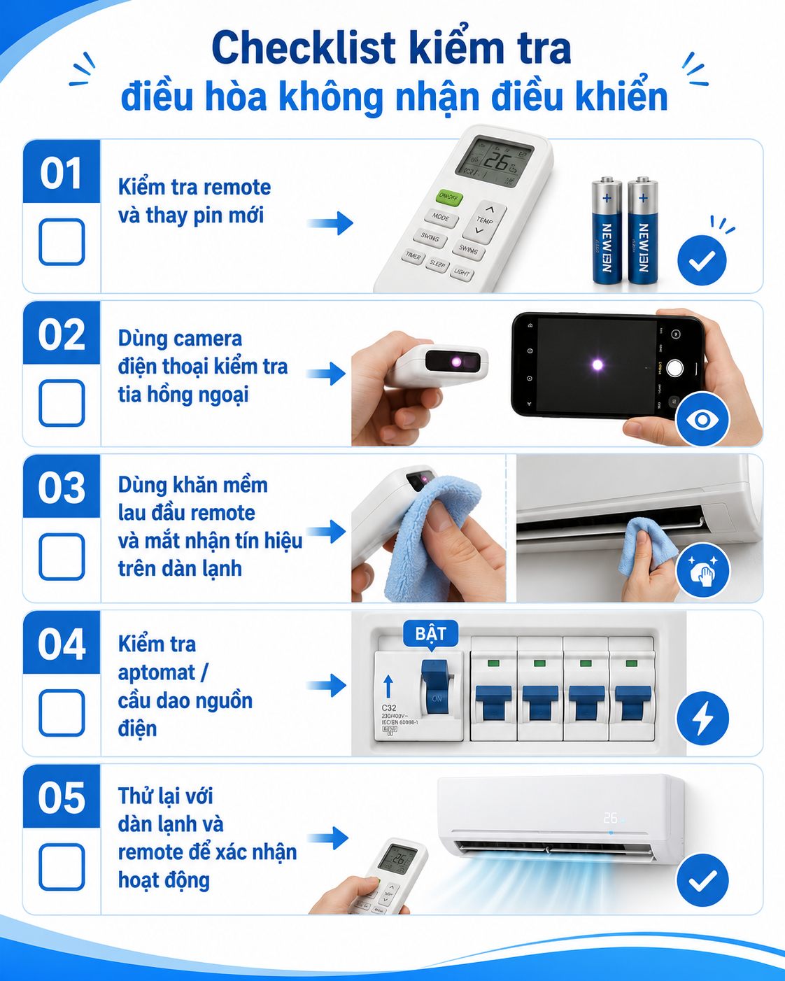 Checklist kiểm tra điều hòa không nhận điều khiển tại nhà trong 5 phút