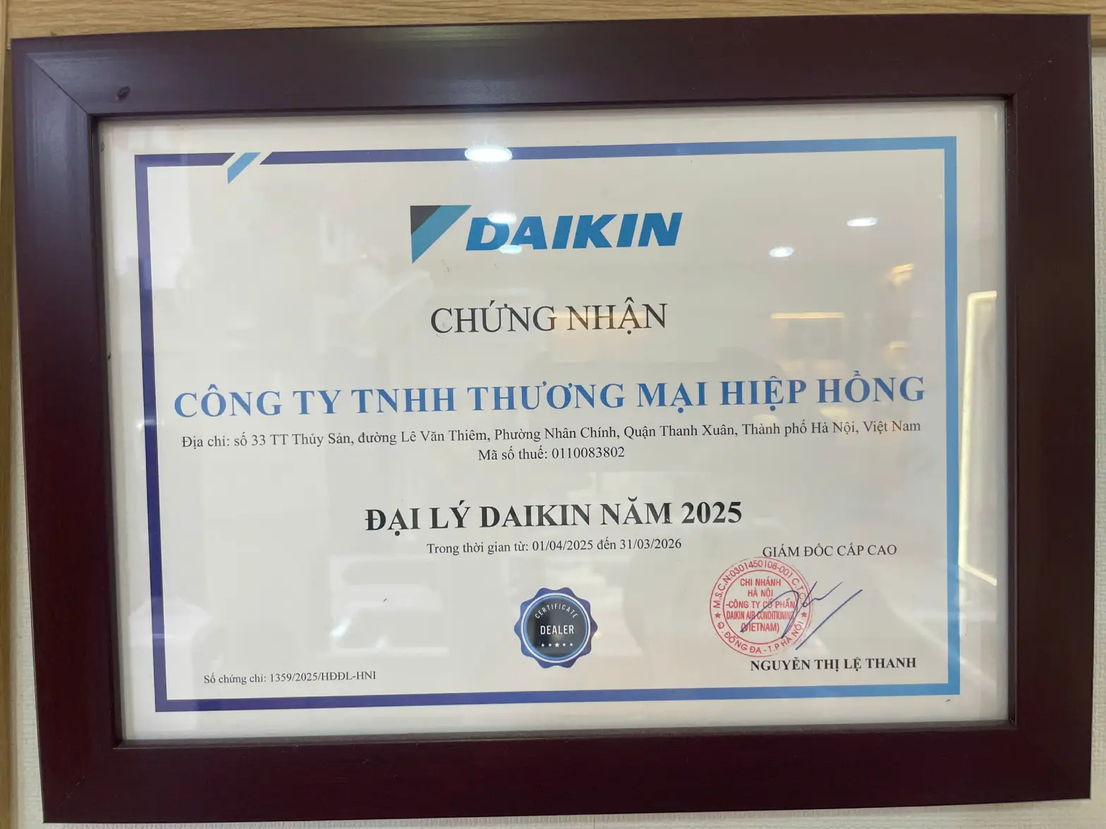 Giấy chứng nhận đại lý Daikin giai đoạn 2025–2026 của Công ty TNHH Thương mại Hiệp Hồng