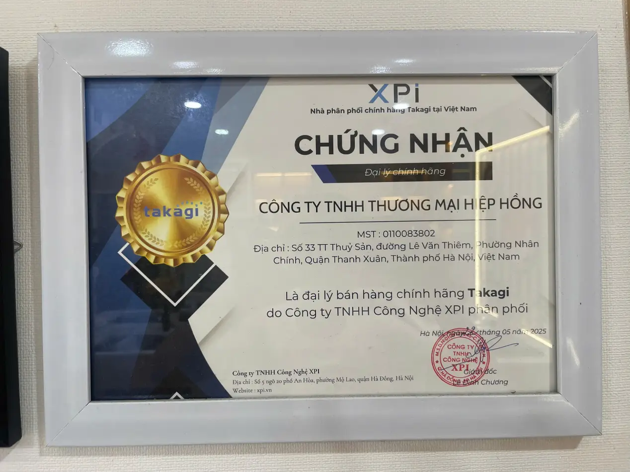 Chứng nhận đại lý bán hàng chính hãng Takagi do XPI cấp cho Hiệp Hồng Japan
